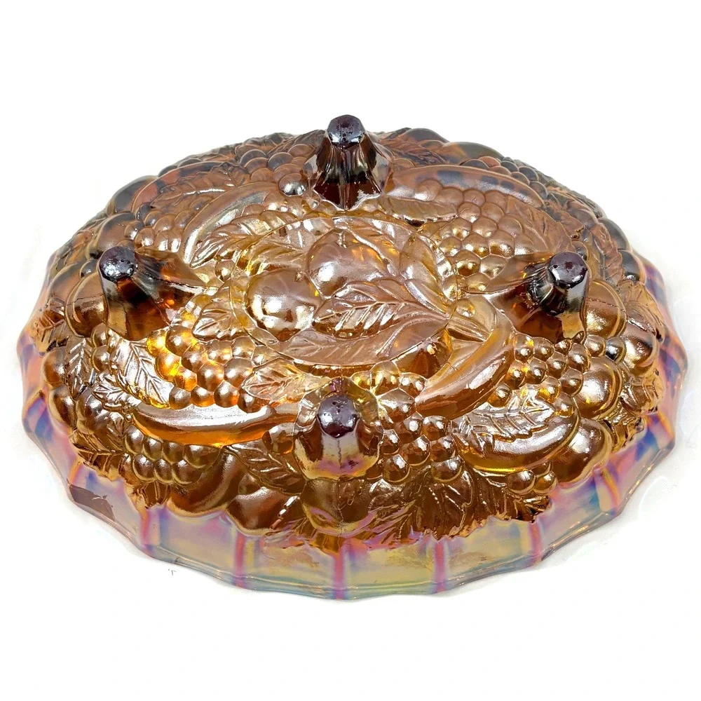 Vintage Amber Carnival Glass Footed Fruit Bowl– Iridescent Marigold Grape & Leaf